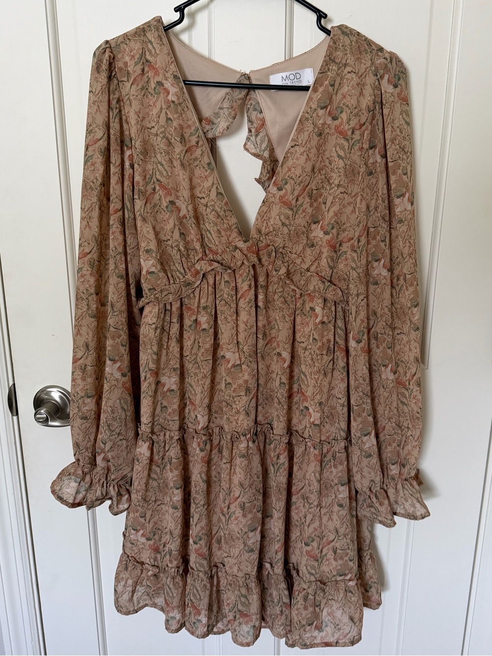 Refined Beige Floral Tiered V-Neck Dress
